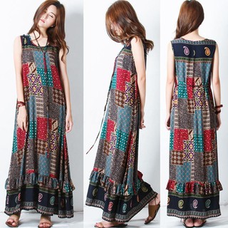 Đầm maxi không tay phong cách Boho cổ điển thanh lịch dành cho nữ kèm dây buộc thắt lưng