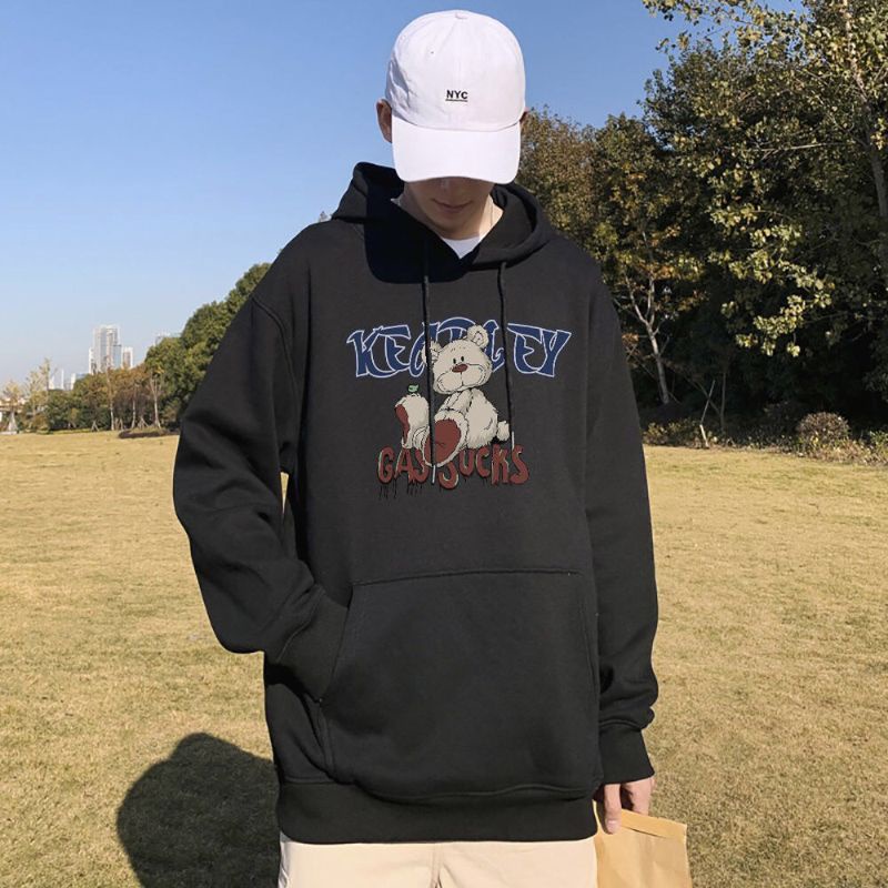 Áo Hoodie Nỉ Hoạt Hình Gấu GASSUCKS Form Rộng Tay Phồng, Áo Hoodie Màu Đen Trắng Basic Unisex
