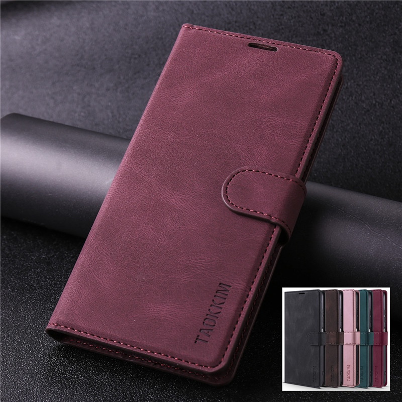 Bao da điện thoại nắp gập có ngăn thẻ và giá đỡ màu đỏ rượu cho Samsung S21 S20 FE S20 Ultra S10 Plus S20+ S10+