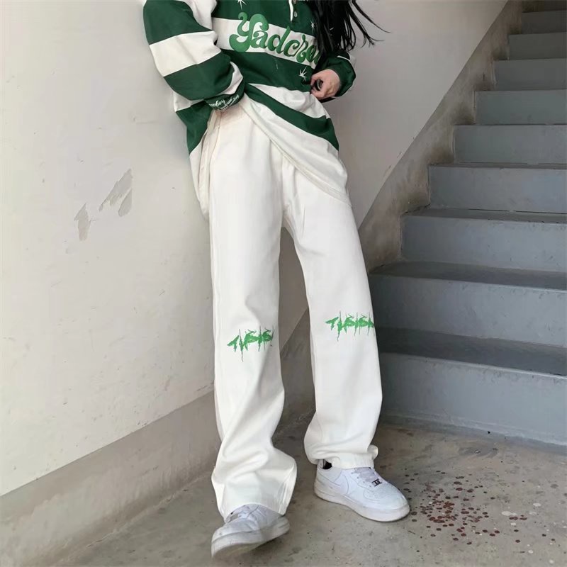 Quần Jeans Ống Rộng In Chữ Phong Cách hip hop Cho Nam