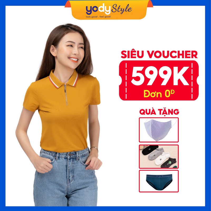 Áo Polo nữ Yody khóa trụ bo kẻ cá tính thoải mái mềm mịn - APN3876