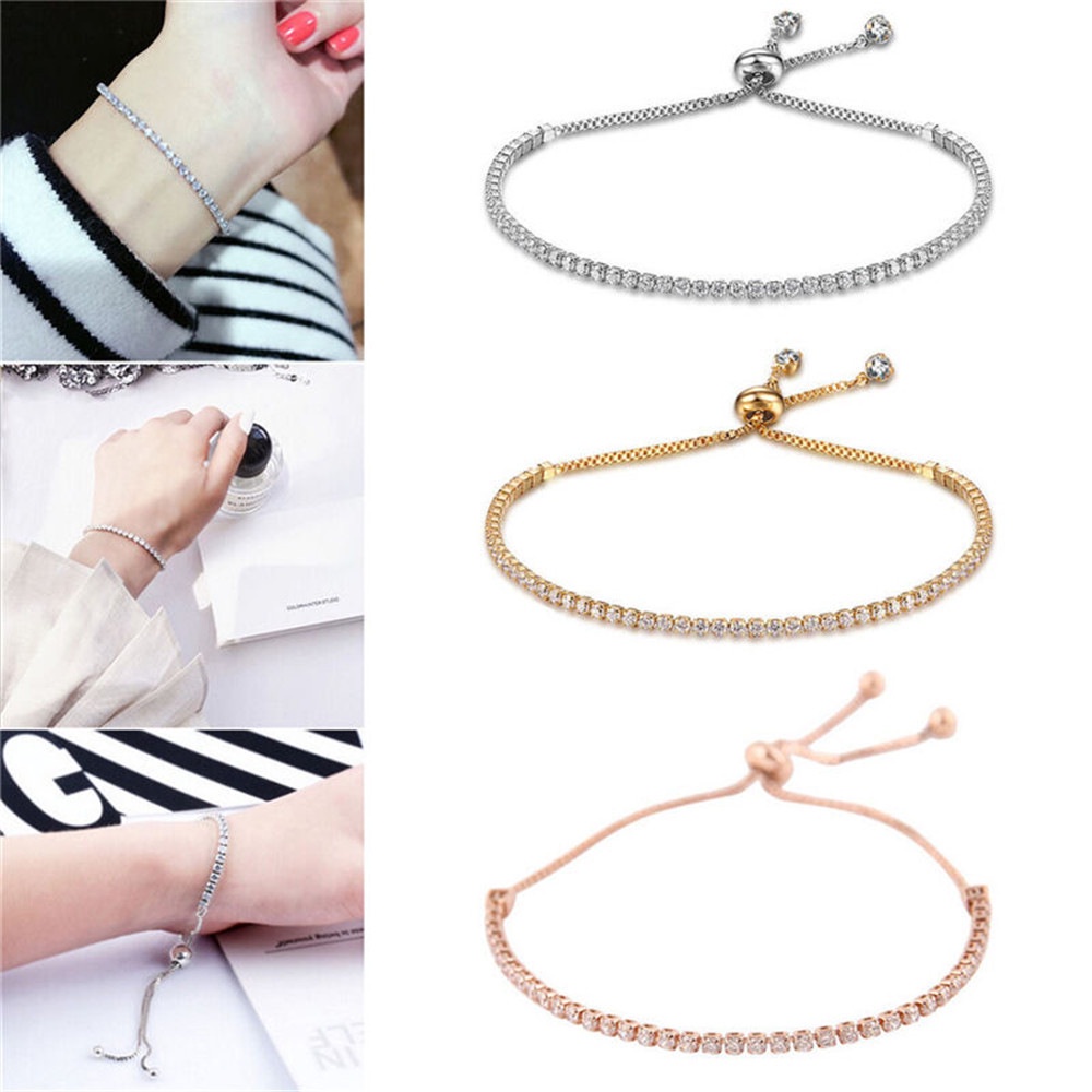 Vòng Đeo Tay Đính Đá Kim Cương Lấp Lánh Thanh Lịch Có Thể Điều Chỉnh Cho Nữ