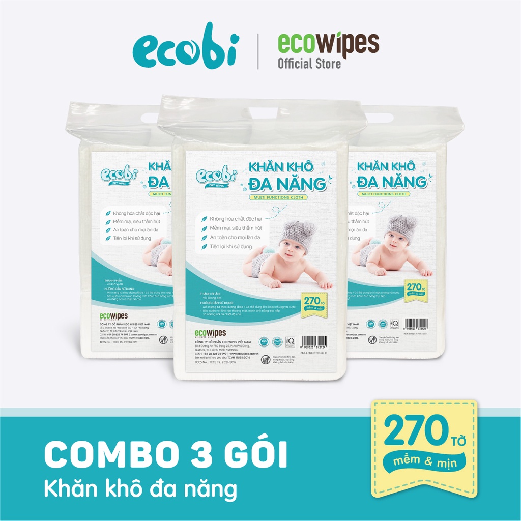 Combo 3 túi KHĂN KHÔ ĐA NĂNG ECOBI 270 tờ - Dùng thay khăn sữa, an toàn cho trẻ sơ sinh