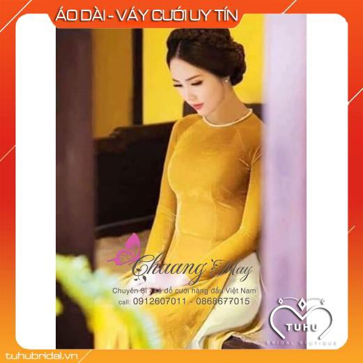 Áo Dài Nhung Vàng Mơ Mù Tạc May Sẵn Cổ Tròn Truyền Thống Vải Đẹp Co Giãn 4 Chiều