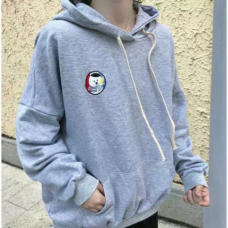 Áo hoodie unisex form rộng Xám Thêu Gấu nam nữ phong cách ullzang WIND