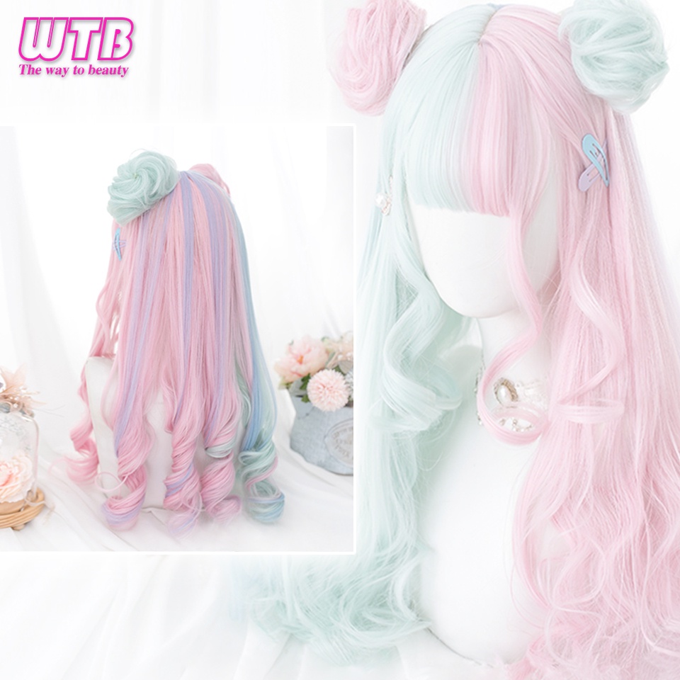 Bộ Tóc Giả Dài Xoăn Màu Xanh Lá Nhạt Bằng Sợi Tổng Hợp Phong Cách Lolita Cho Nữ