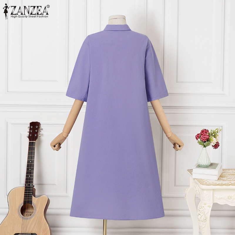 Đầm midi chữ A ZANZEA tay ngắn màu trơn có nút cài thời trang cho nữ