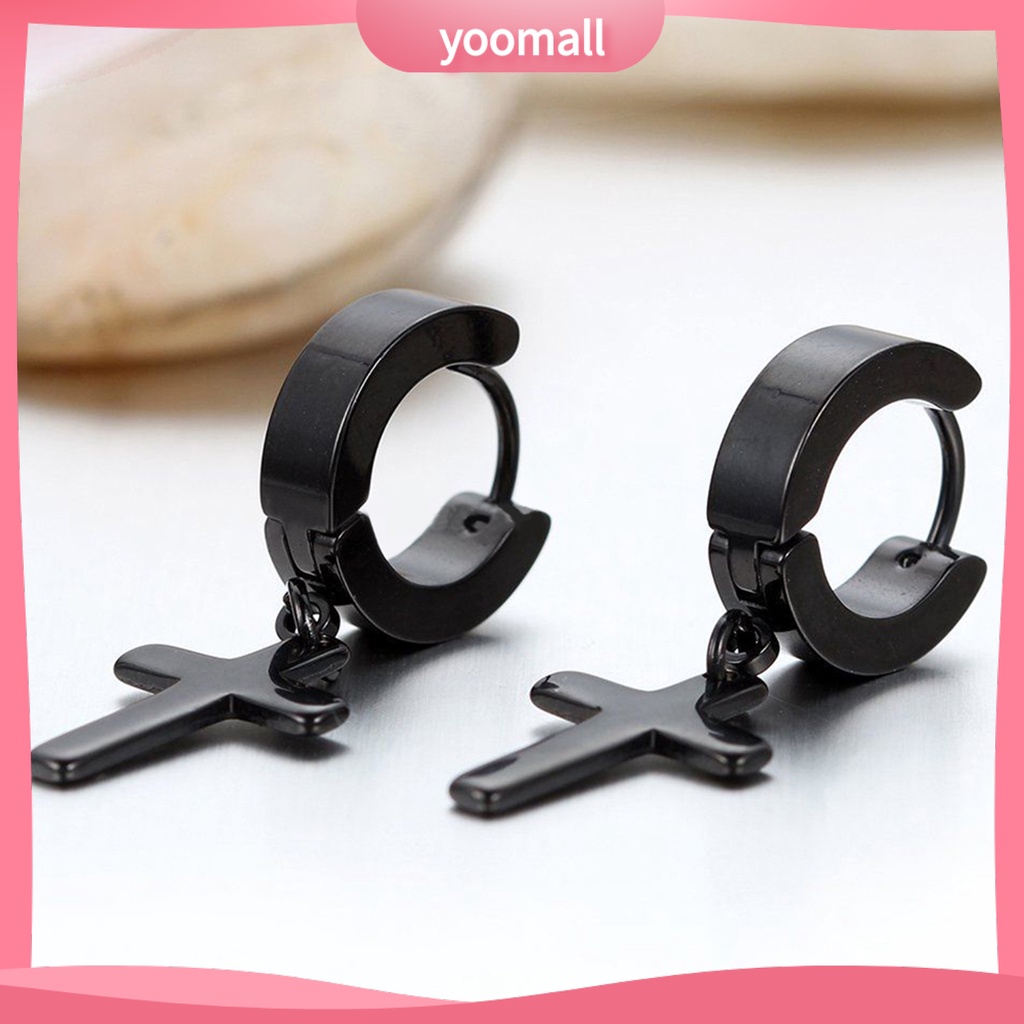 Đôi bông tai thời trang hình tròn phối mặt Thánh giá bằng thép không gỉ cho nam và nữ