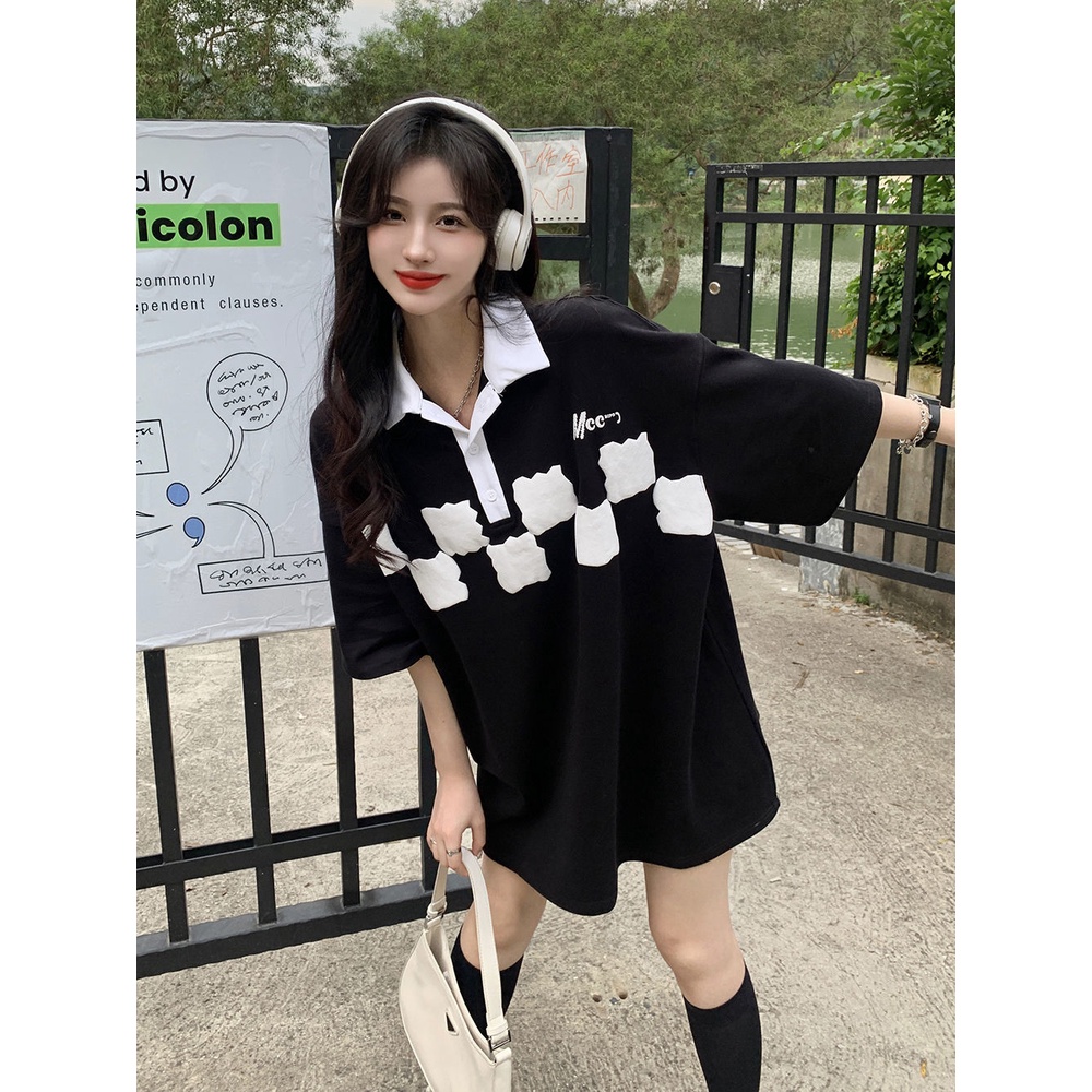 Jiashucheng Áo Thun Nữ Tay Ngắn Dáng Dài Rộng Họa Tiết Caro Màu Sắc Tương Phản Thời Trang Mùa Hè