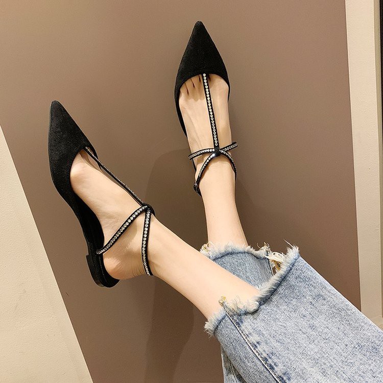 Giày sandal đế bệt mũi nhọn phối quai roman đính đá thời trang nữ 2019