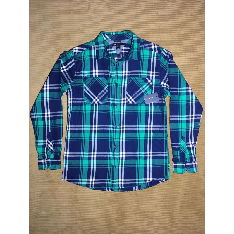 Áo sơ mi công sở nam cotton tay dài sọc caro màu xanh Tommy Hilfiger size L