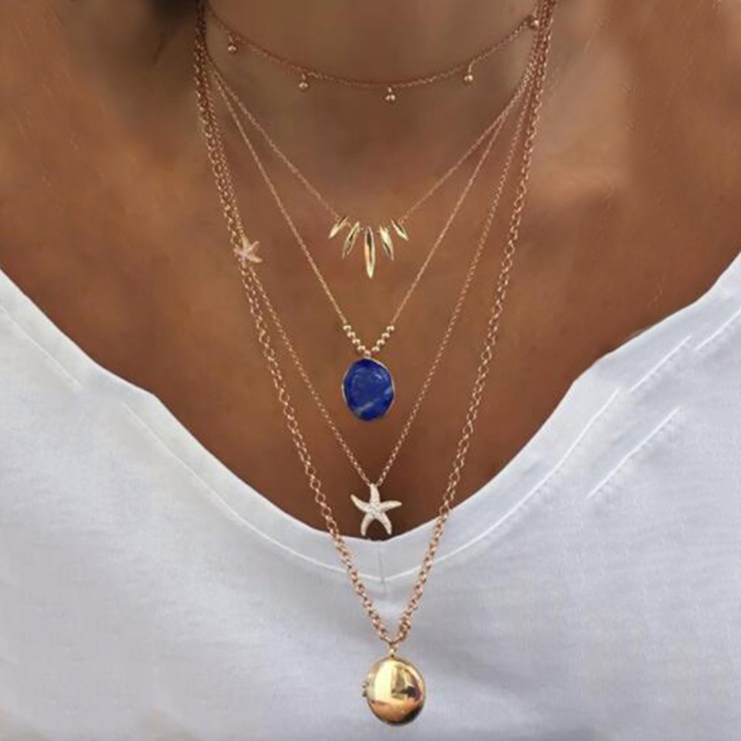 Dây Chuyền Nhiều Lớp Mặt Sao Biển Đính Đá Sapphire Phong Cách Bohemian