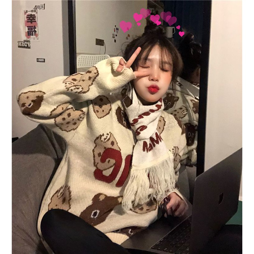 Áo len nữ tay dài cổ tròn gấu form rộng có khăn choàng cổ thu đông ulzzang ( 2 màu )