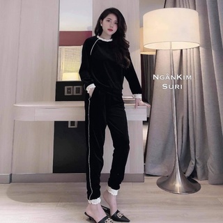 set bộ đồ nữ thu đông nhung đen phối viền chun bèo điệu đà