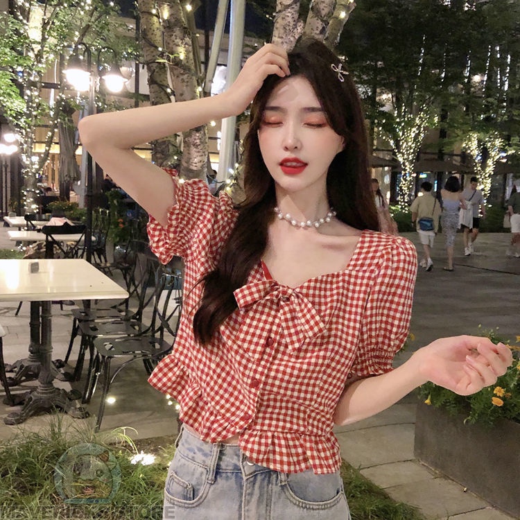 Áo Sơ Mi Tay Ngắn Cổ Vuông Họa Tiết Kẻ Sọc Màu Đỏ Phong Cách Hàn Quốc Thời Trang Mùa Hè 2022 Dành Cho Nữ