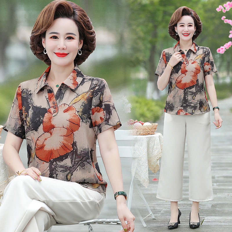 Mẹ mùa hè áo thun ngắn mới của phụ nữ trung niên và cao tuổi sơ mi voan phía trên