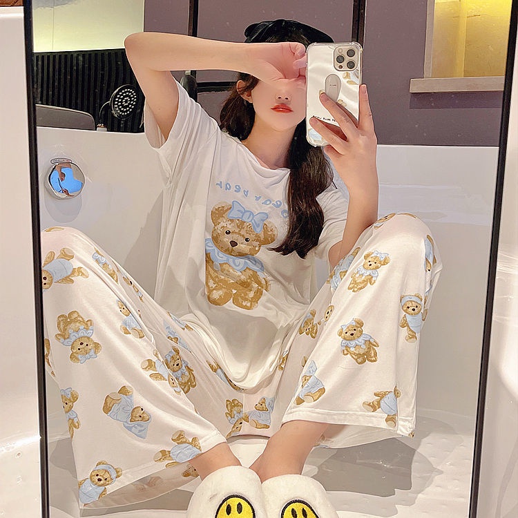 Bộ Đồ Ngủ Tay Ngắn Chất Liệu Cotton Cao Cấp In Họa Tiết Gấu Dễ Thương Thời Trang Mùa Hè 2022 Mới