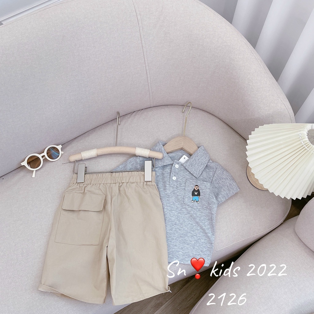 Quần áo cho bé trai, set áo có cổ gấu PO.LO kèm quần ngố kaki có túi cho bé
