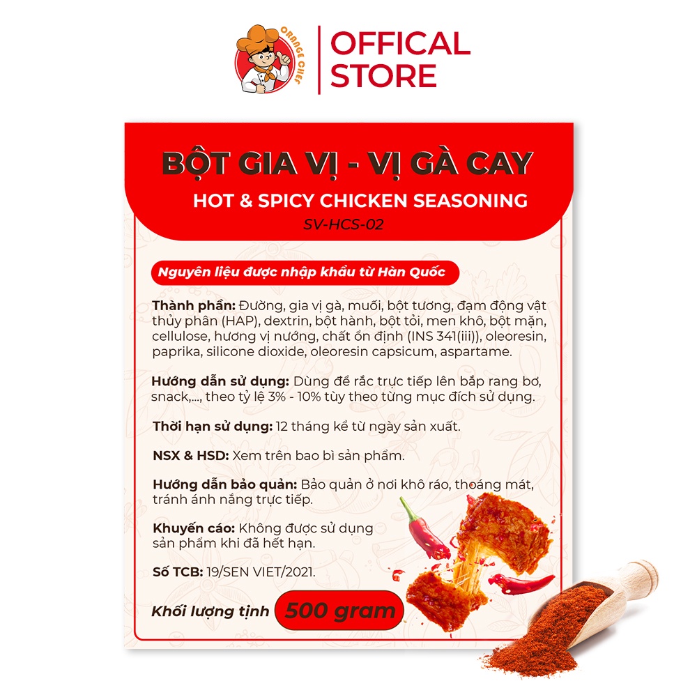 Bột Gia Vị Gà Cay Hot &amp; Spicy Chicken Seasoning - Orange Chef Túi 500g
