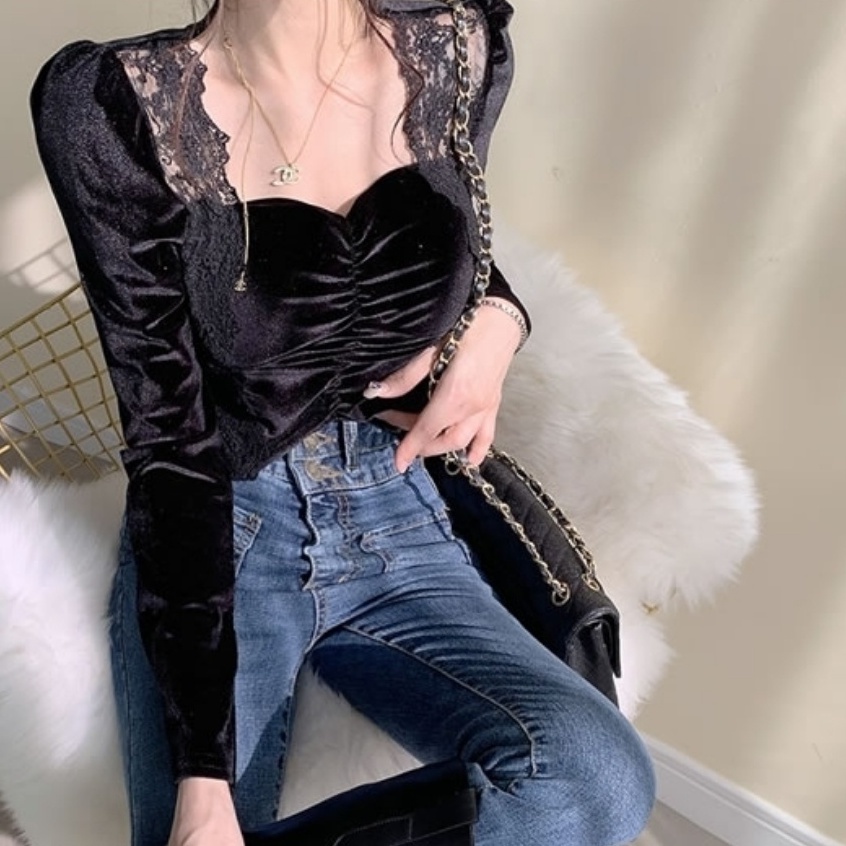 MỚI Áo nhung cổ vuông tay dài phối ren quyến rũ cho nữ