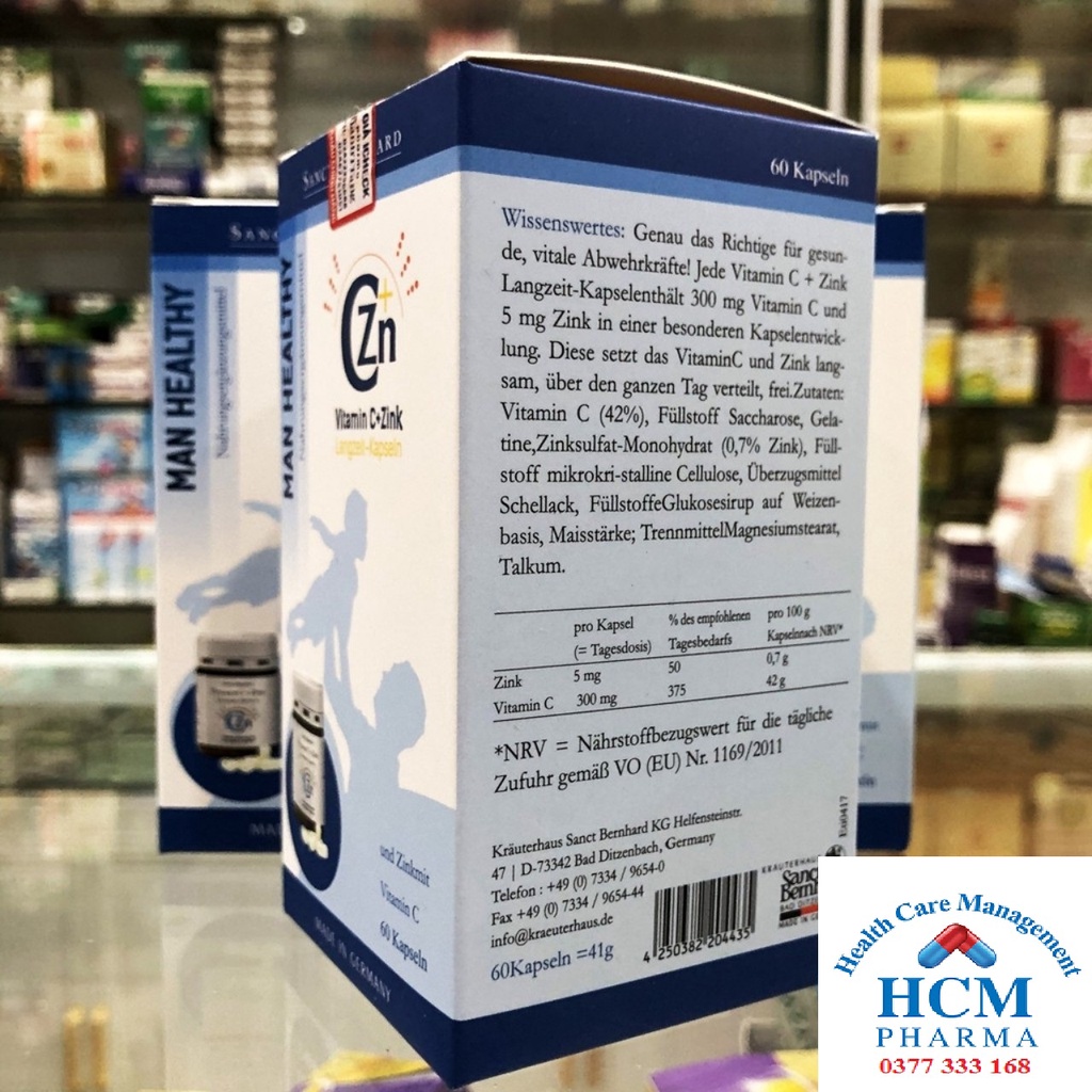 Vitamin C kẽm giúp đẹp da tăng sức đề kháng pure VITAMIN C + ZINK SANCT BERNHARD 60 viên nhập khẩu Đức
