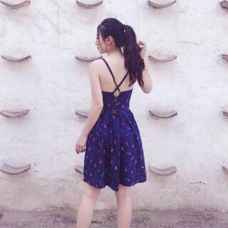 Đầm mini 2 dây xòe đan dây lưng