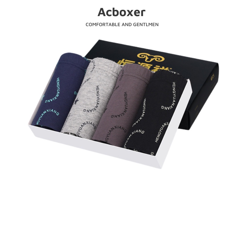 Hộp 4 quần lót nam boxer in chữ vải cotton mềm mại, thoáng khí, khử mùi hàng cao cấp ACH02