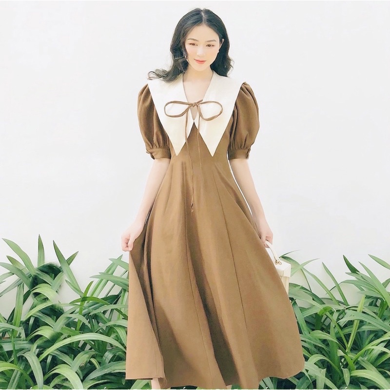Đầm cổ trắng nơ cổ form dài 3 màu
