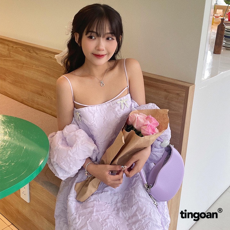 TINGOAN® - Váy hai dây tay bồng vân hoa 3 lớp dây ngang ngực bồng xòe đính nơ kim loại tím SLEEPING BEAUTY DRESS