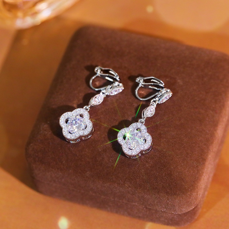 Bông tai bạc 925 JIUDUOLAN dáng dài hình cỏ bốn lá đính đá zircon nhân tạo thanh lịch phong cách Hàn Quốc cho nữ