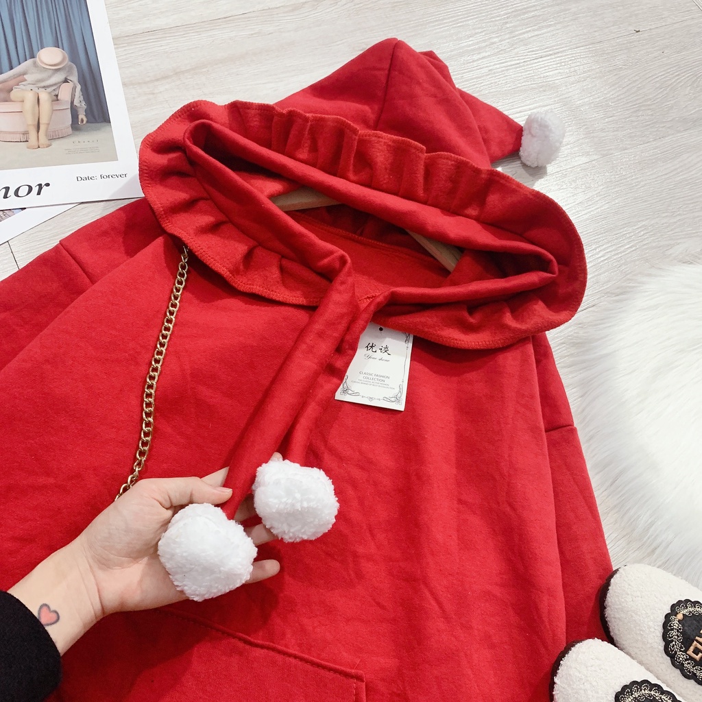 Áo Hoodie Noel Đỏ Mũ Phù Thuỷ 🦋 Áo Thun Trơn Dài Tay Mũ Viền Bèo 🦋 | BigBuy360 - bigbuy360.vn