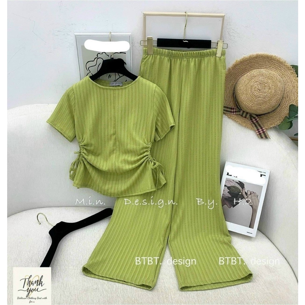 (Ưu Đãi _Freeship) Sét bộ áo thun cổ tròn rút dây 2 bên hông_quần ống rộng chất thun gân cao cấp hàng loại 1