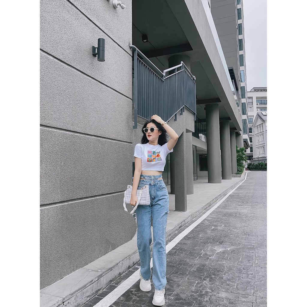 QUẦN JEAN ỐNG RỘNG NỮ 2 LƯNG MỔ 2 NÚT RÁCH BE TRÁI CAO FORM CHUẨN MÀU XANH NHẠT LAI CUỐN HOT HIT NITIQC