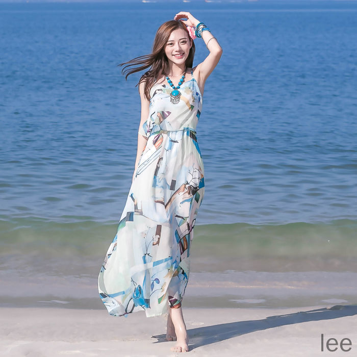 One-piece long skirt summer long suspender small skirt seaside vacation beach skirt Sanya photo clothes fairy