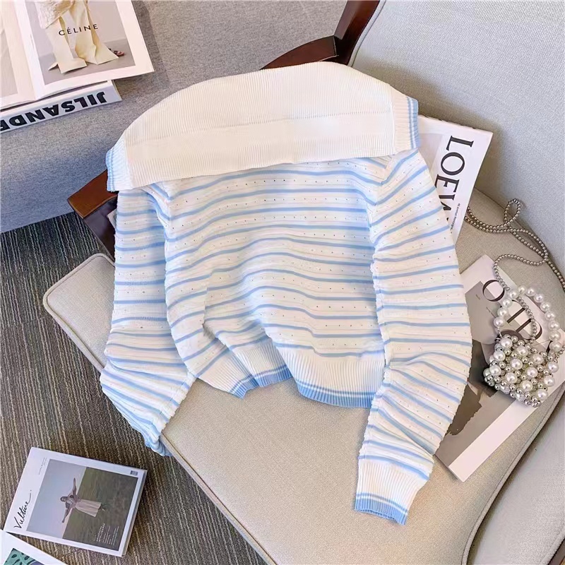 Áo cardigan ZHELIHANGFEI dệt kim tay dài cổ thủy thủ kẻ sọc dáng rộng dễ phối đồ