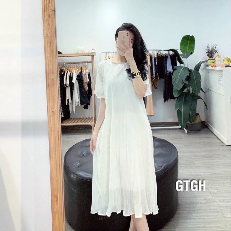 Đầm dáng suông dập ly tay ngắn bầu bì bon chen siêu xinh cực hot hình thật