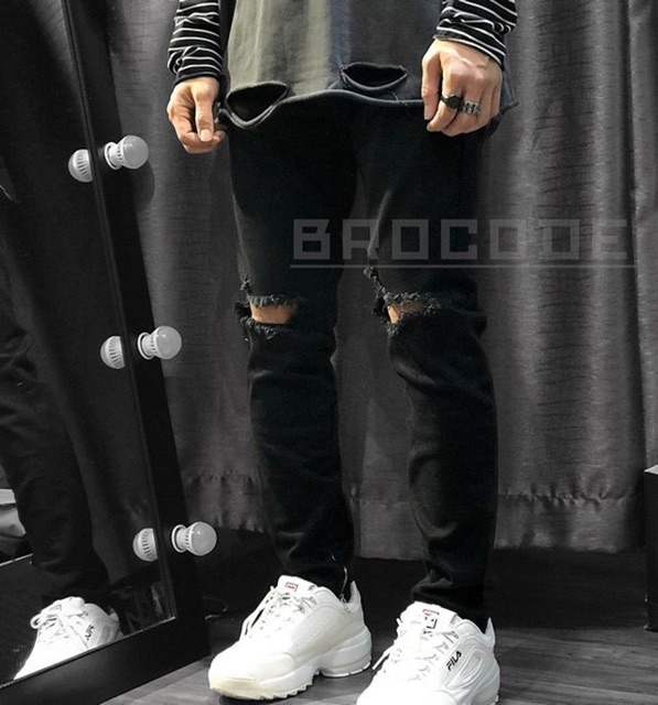 Quần jeans đen rách to phối zip N38