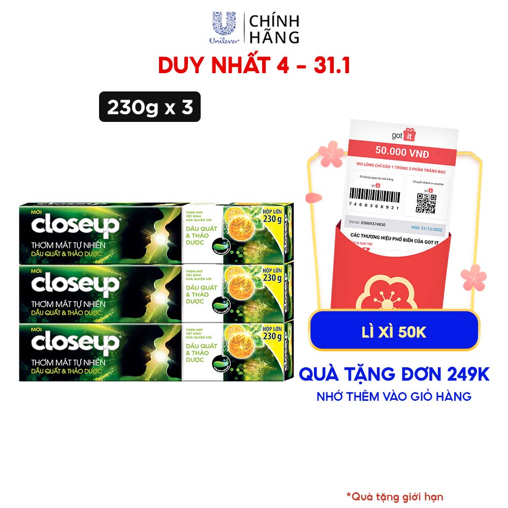 Combo 3 Kem đánh răng dạng gel sạch khuẩn Closeup Thơm Mát Tự Nhiên Dầu Quất, Thảo Dược 230g