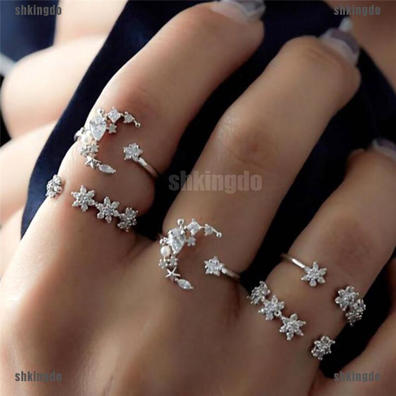 Bộ 5 nhẫn hình sao/ hoa đính đá lấp lánh phong cách vintage cho nữ