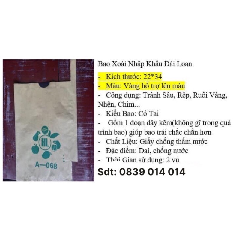 100 túi bao HL xoài đài loan giấy vàng 2 lớp cỡ 22x34cm