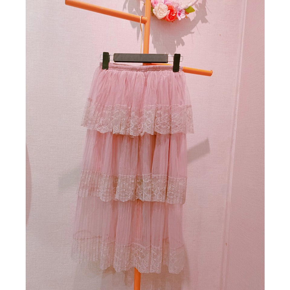 Chân váy dáng xòe màu hồng 3 tầng ren lưới bánh bèo tiểu thử teen girl đẹp giá rẻ cạp chun