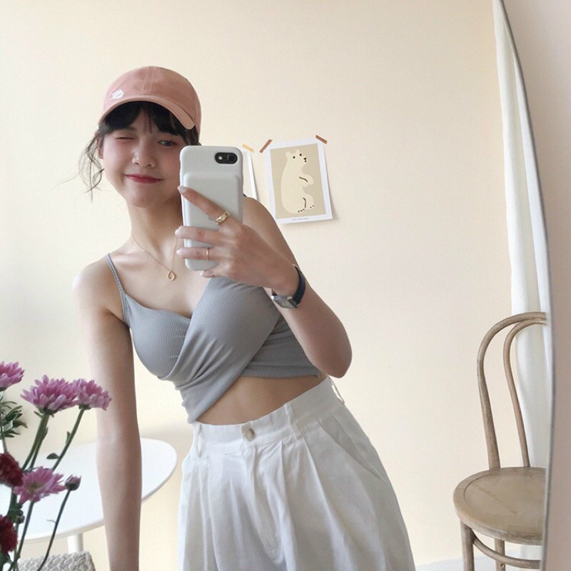 Áo bra len tăm 2 dây xoắn chéo dáng croptop có đệm ngực nhiều màu đẹp 028