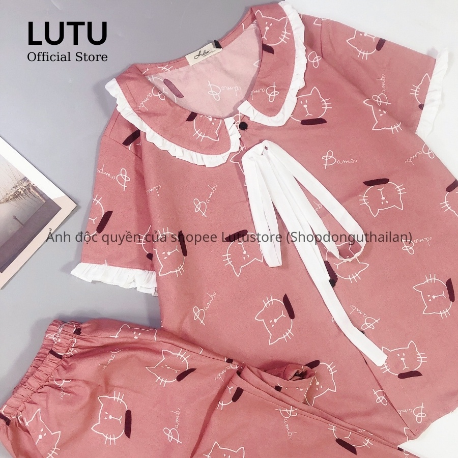 Bộ Ngủ Pijama Phối Nơ Bèo Tay Ngắn Quần Dài Họa Tiết Dễ Thương Thiết Kế Cao Cấp Phong Cách Tiểu Thư