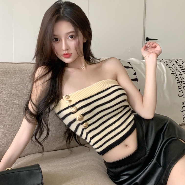 Áo ống quây ngực ZHELIHANGFEI dệt kim kẻ sọc đơn giản thời trang