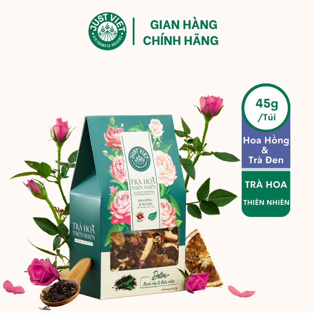Trà Hoa Thiên Nhiên Detox Just Viet - Hoa Hồng &amp; Trà Đen - Thanh Lọc - Tốt Cho Sức Khỏe