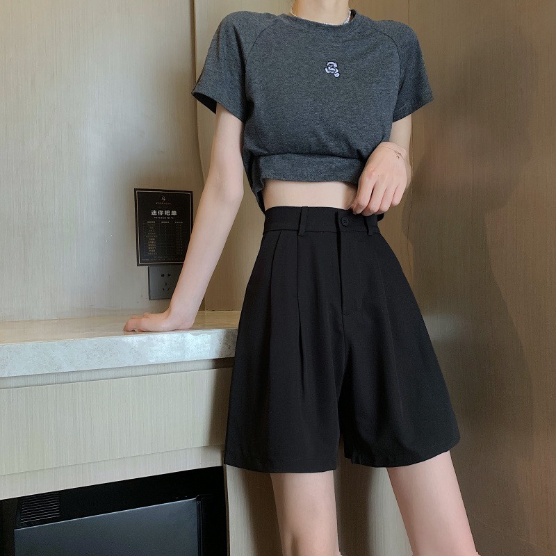 SUXI Quần ngắn ống rộng Lưng Cao Màu Sắc Đơn Giản Thời Trang Mùa Hè Cho Nữ