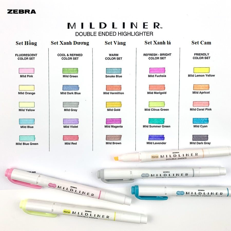 BÚT ĐÁNH DẤU HIGHTLIGHT ZEBRA MIDLINER 2 ĐẦU CHÍNH HÃNG - CÁC SET