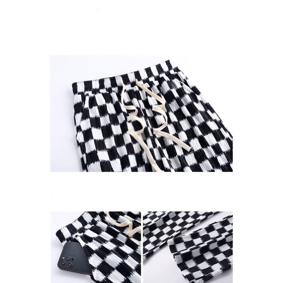 Quần ống rộng Lưng Cao Họa Tiết Sọc Caro Trắng Đen Thời Trang Xuân Thu Cho Nữ