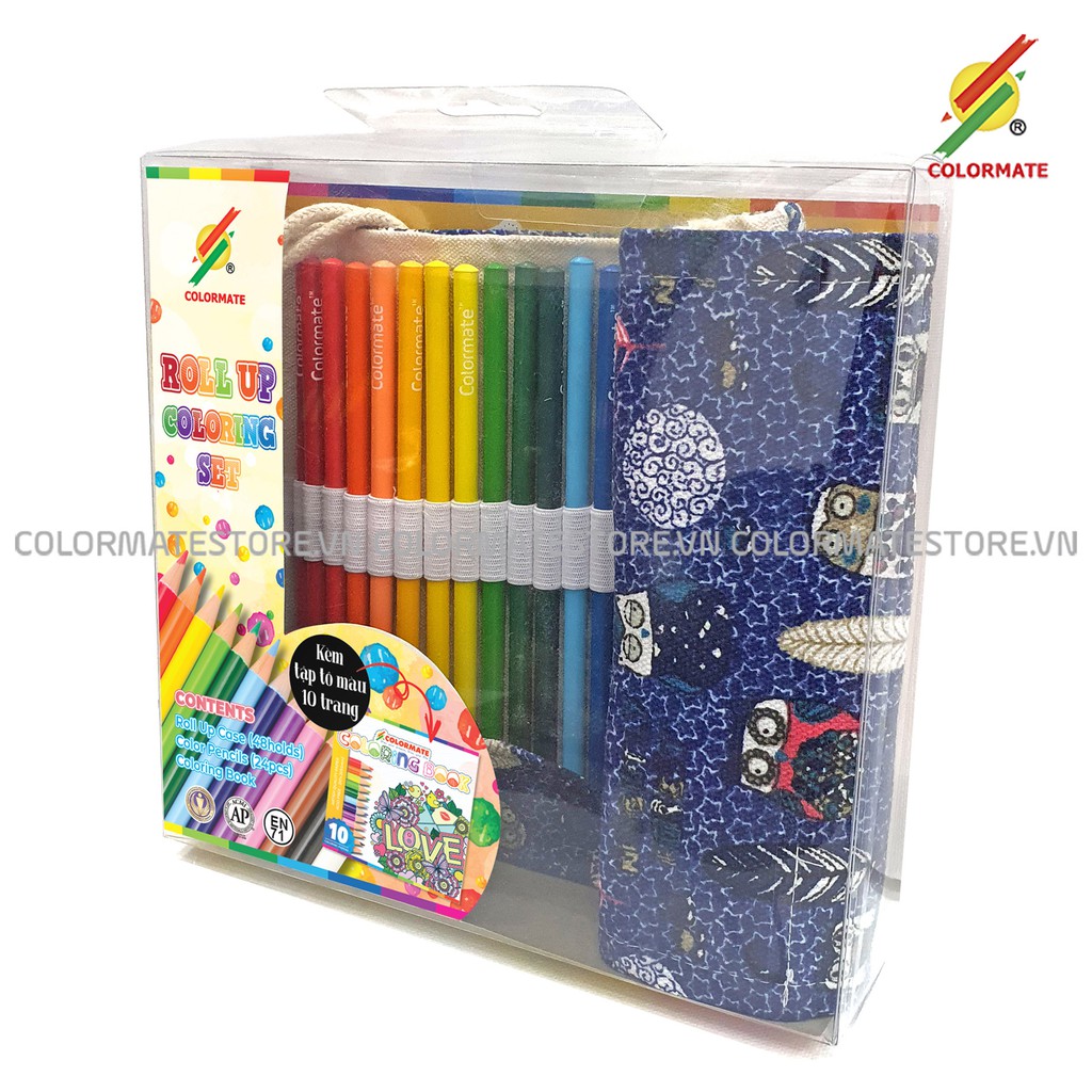 Bộ bút màu 24 cây bút chì gỗ kèm túi và tập tô màu dành cho bé - COLORMATE
