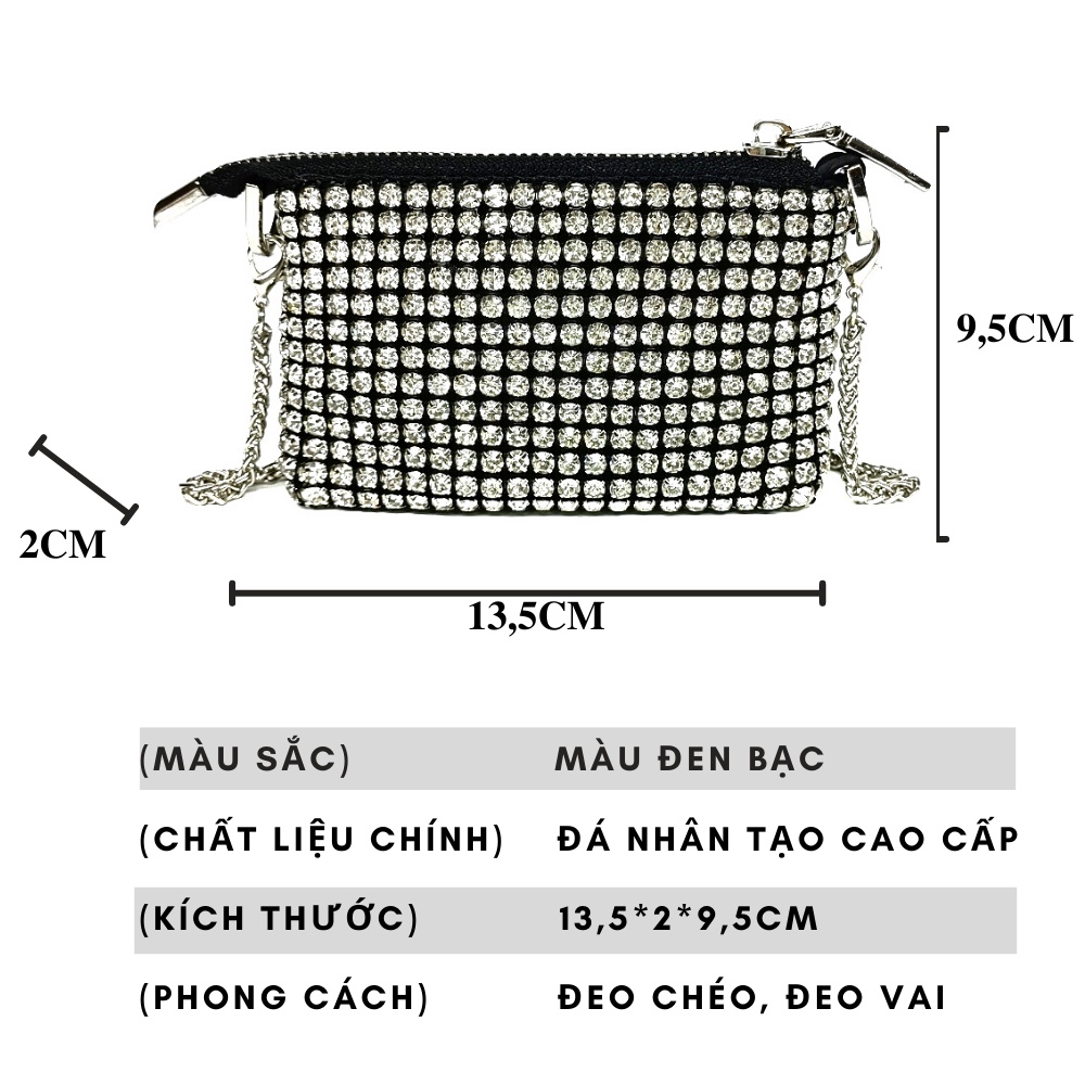 Ví wang đá mini bản chuẩn 13,5 cm kèm dây đeo chéo kim loại hàng Quảng cao cấp 02T3-KC